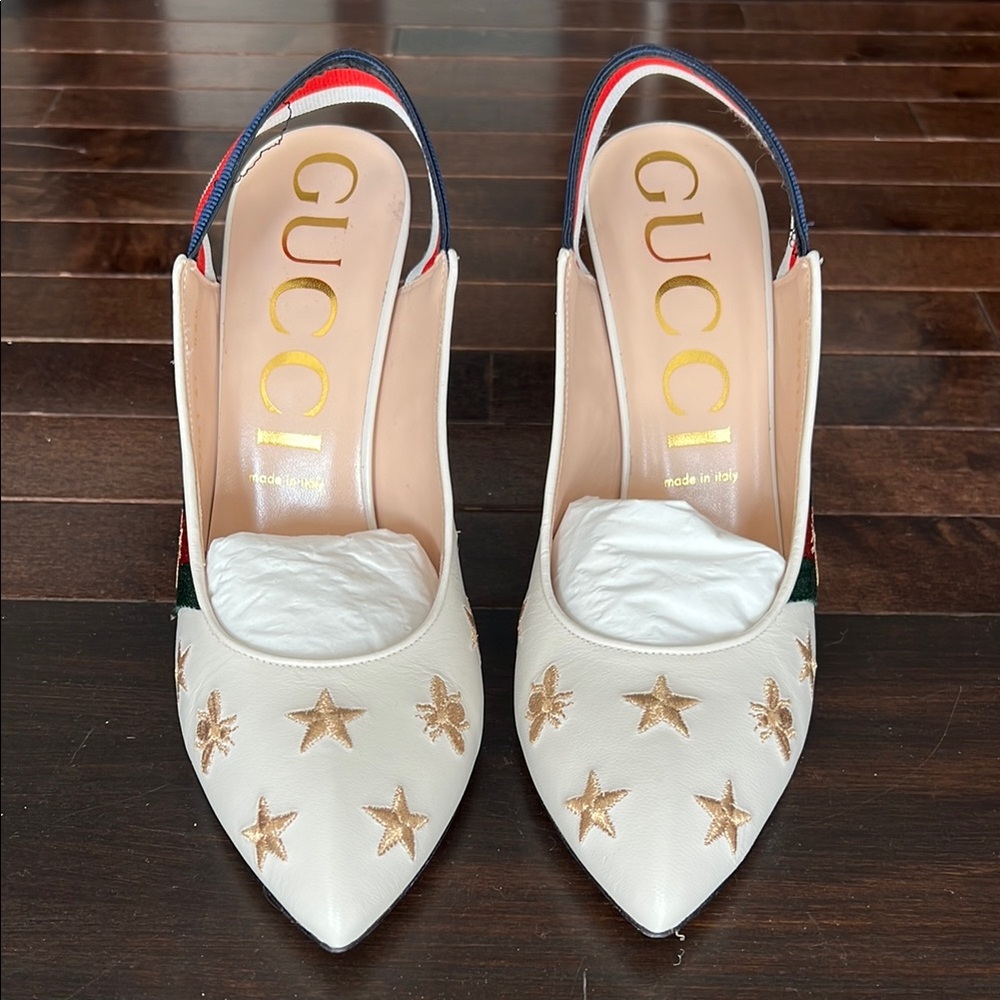 Gucci White Star Embellished Heels